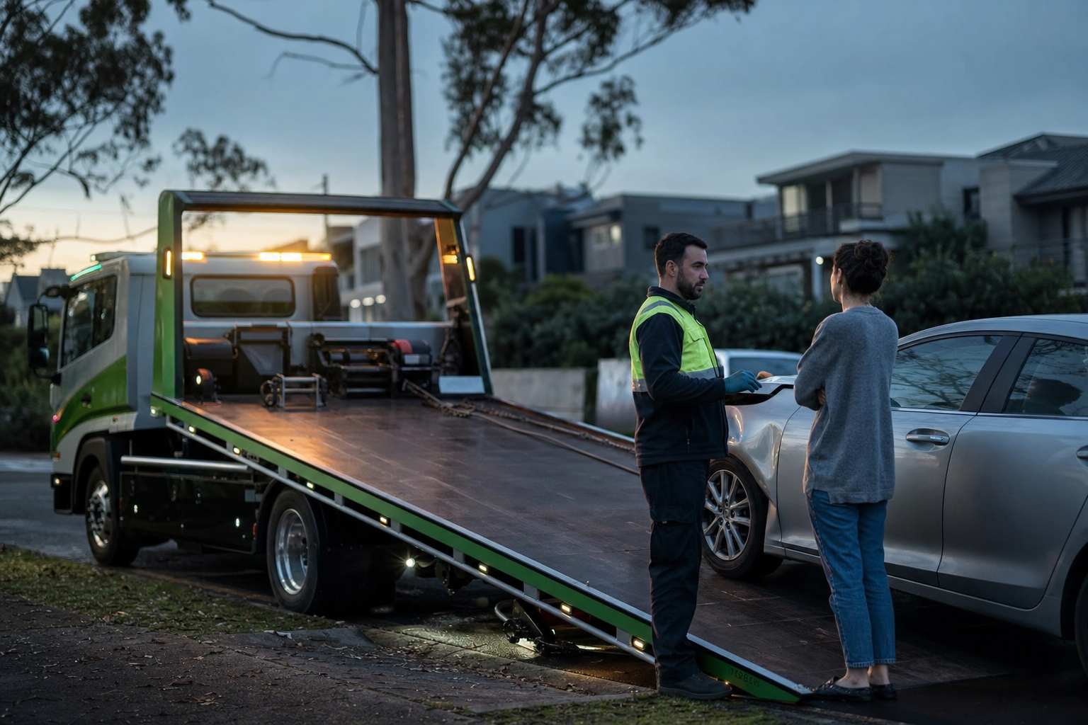 A tow operator in high-visibility clothing speaking with a driver beside a flatbed tow truck after a car accident