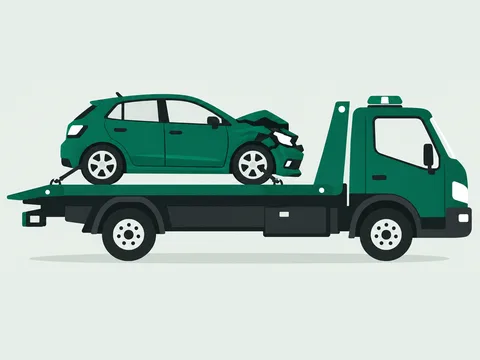 A damaged car on a tow truck